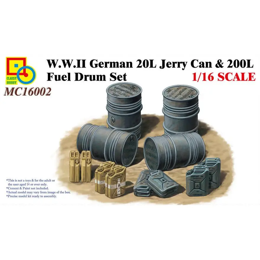 

Classy Hobby MC16002 1/16 WWII German 20L Jerry Can & 200L Fuel Drum Set - Scale Model Kit