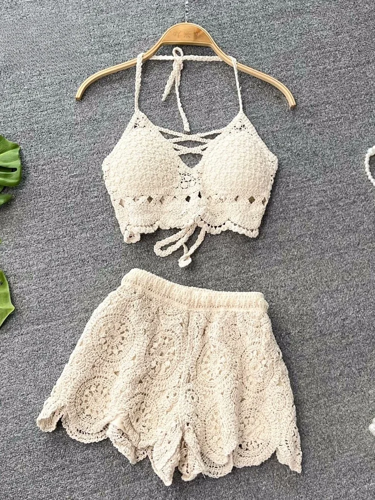 

2024 New Knit Two Piece Sets Women Summer Vacation Backless Camisole Elastic Waist Shorts Hollow Out Y2K Beach Style Suits