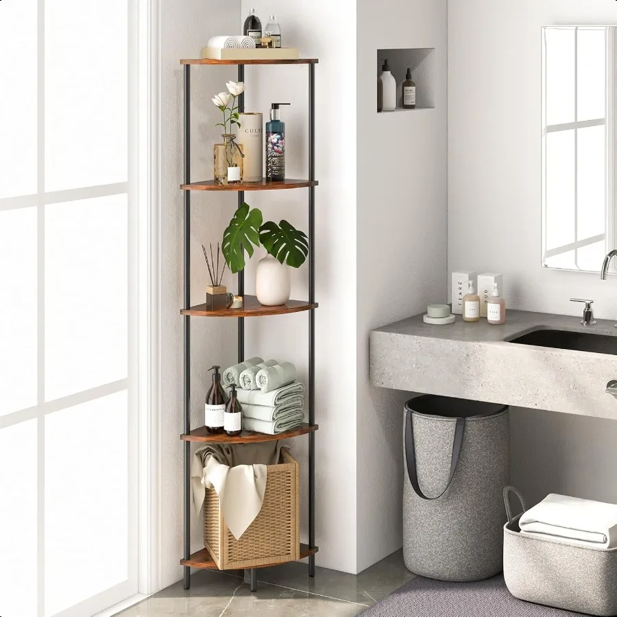 コーナーシェルフスタンド 5段本棚 高さ65cm 寝室 リビングルーム用 狭いディスプレイ棚 本棚 ラスティックブックシェルフ D付き