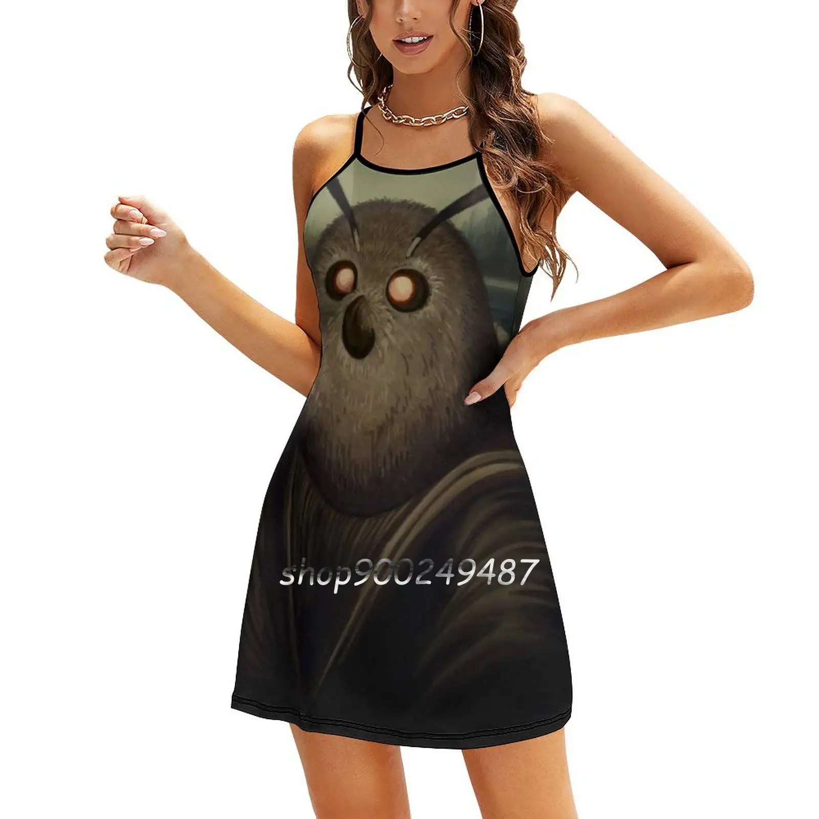 Motha Lisa Flare Dress Square Neck Dress Elegant Female Fashion Printed Dress Moth Mona Lisa Parody Insect Animal