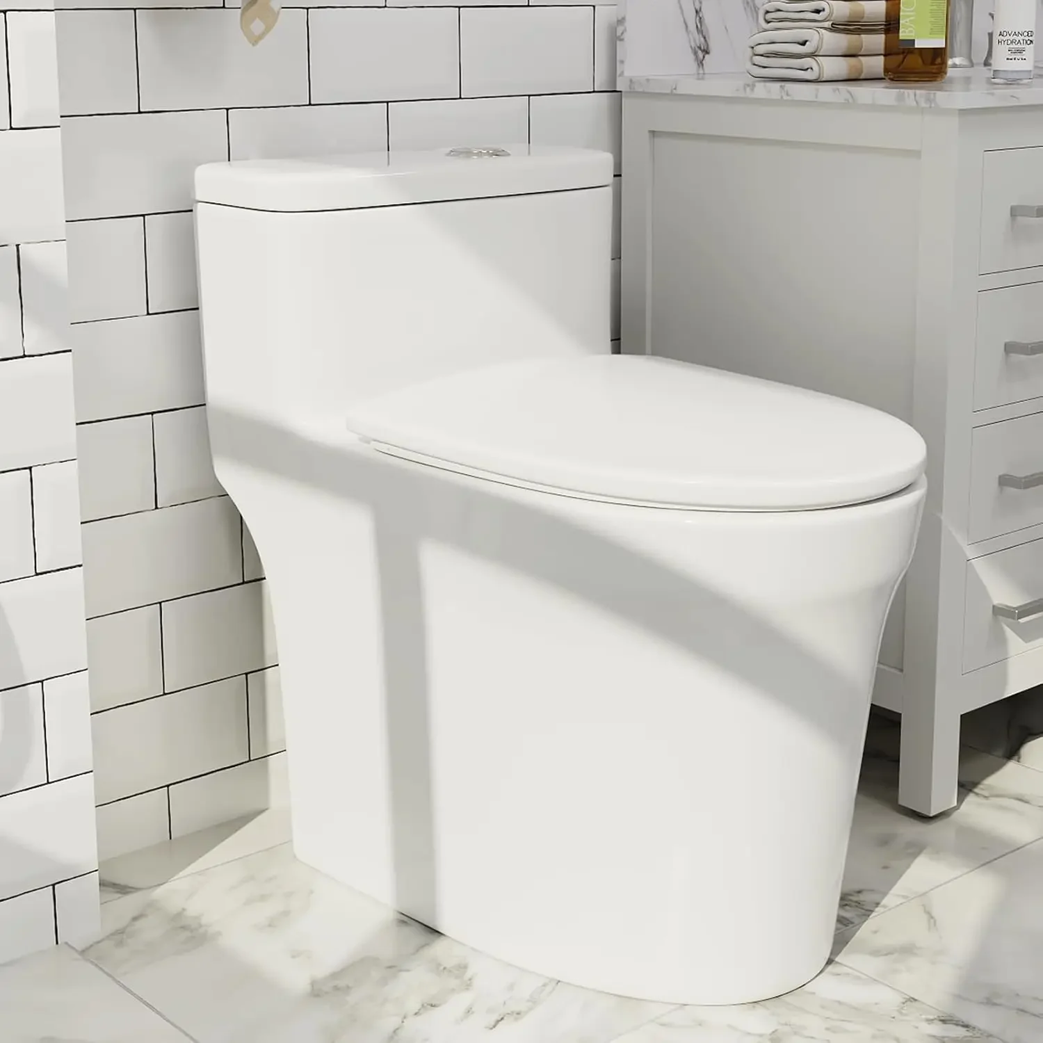 Vaso sanitário de descarga dupla com altura do assento ADA de 17,7 polegadas, vaso sanitário padrão alongado de uma peça com descarga poderosa, 12 polegadas áspero