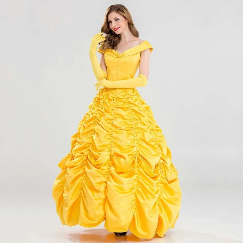 Belle Cosplay Costume Women Adults Beauty and The Beast Belle Princess Yellow Dresses Accessories Suit Halloween Party Clothes