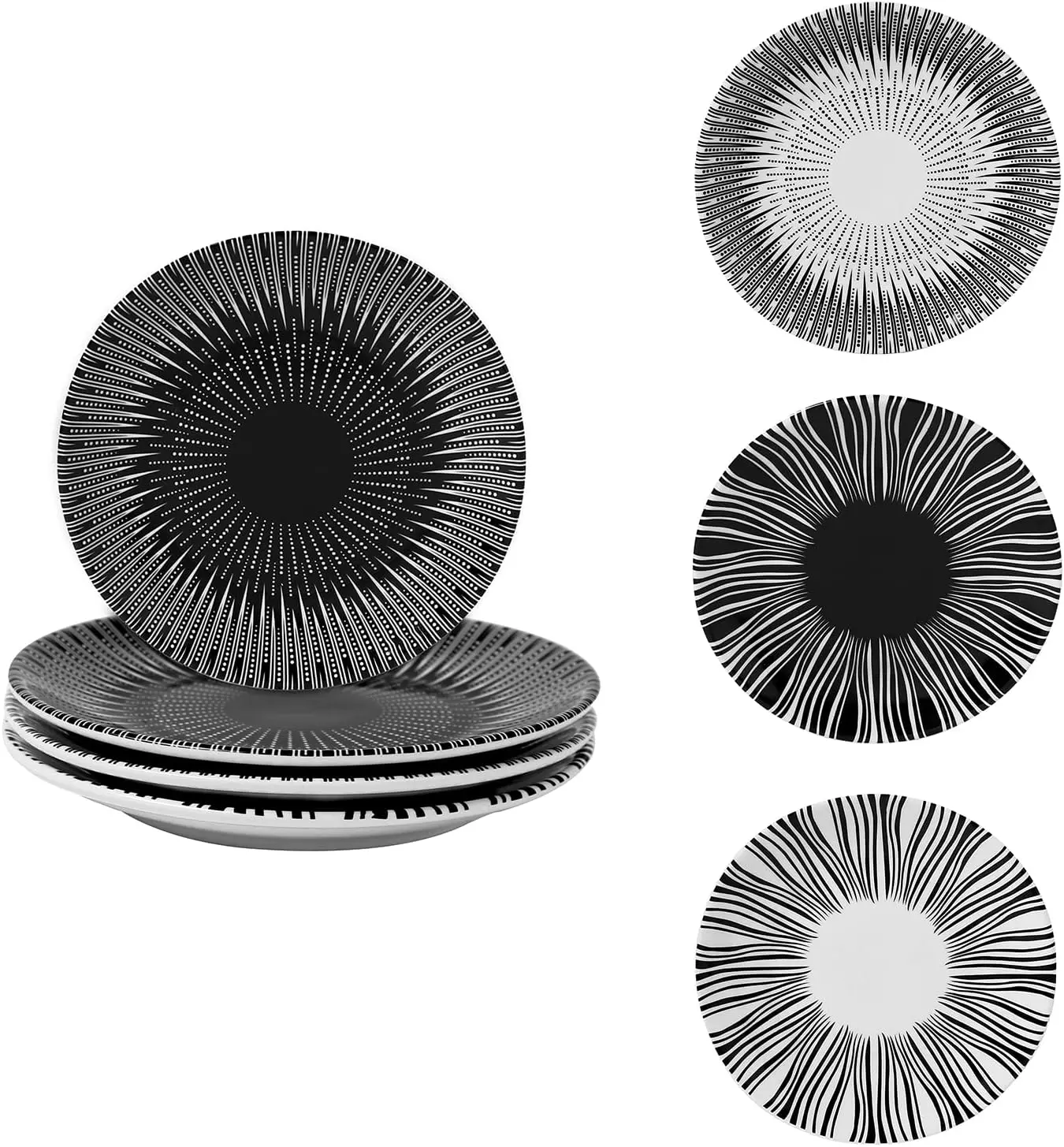 

6 Inch Set of 4 Assorted Designs, Porcelain Plates With Patterns,Black Ceramic Dessert Plates, Dishware for Sandwiches Salad Pas