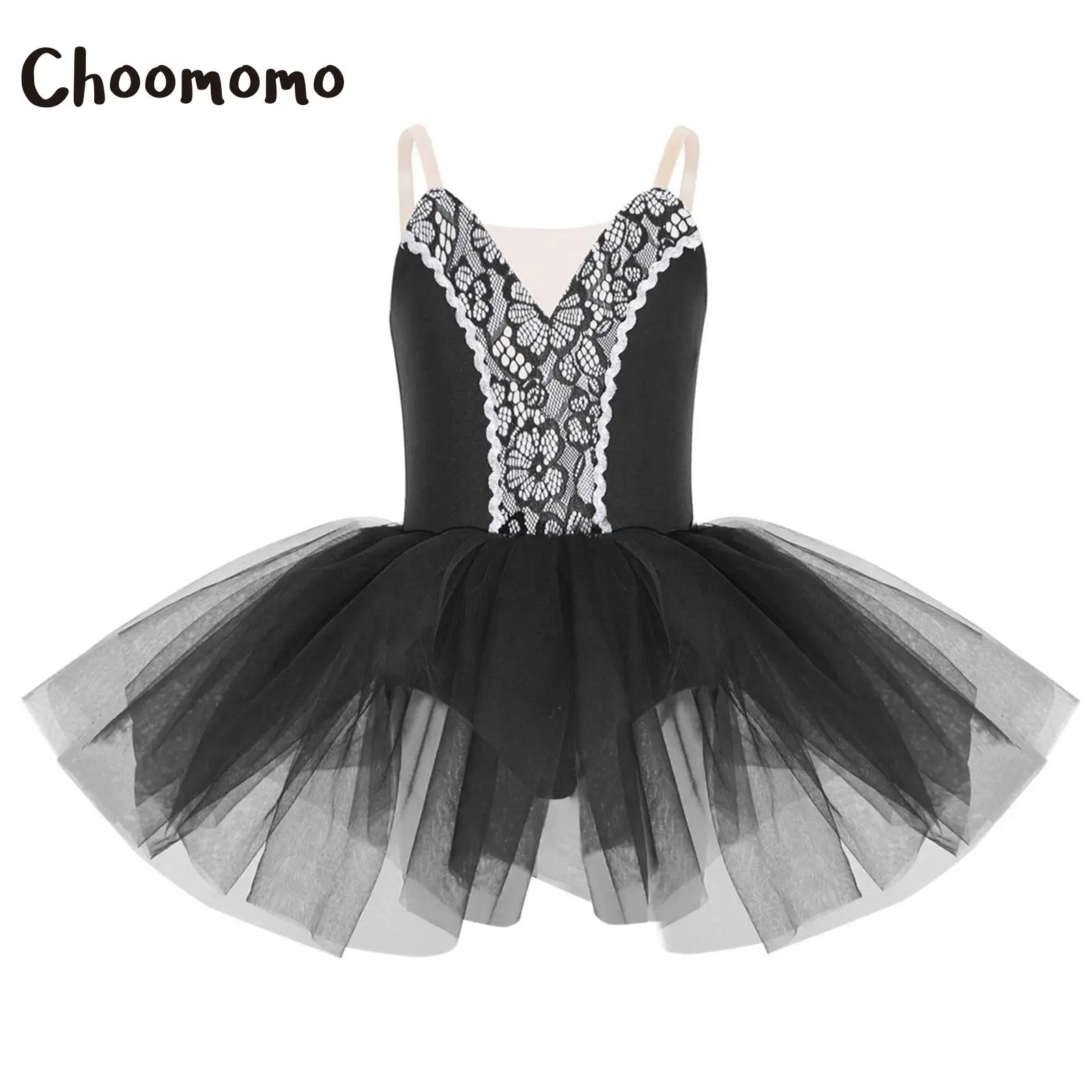 Robe Tutu de Ballet pour enfants, Costume de spectacle de danse, robe justaucorps de gymnastique sans manches avec bretelles réglables, vêtements de danse en dentelle sur le devant