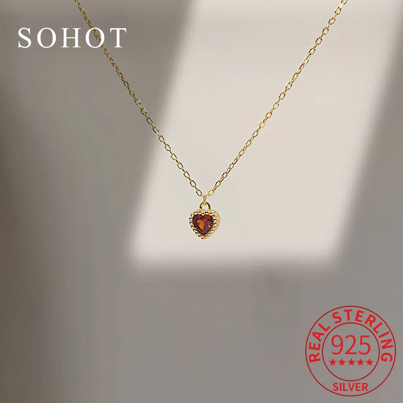 

Real 925 Sterling Silver 14k Red Zircon Heart Pendant Minimalist Necklace For Charm Women Fine Jewelry Exquisite Accessories