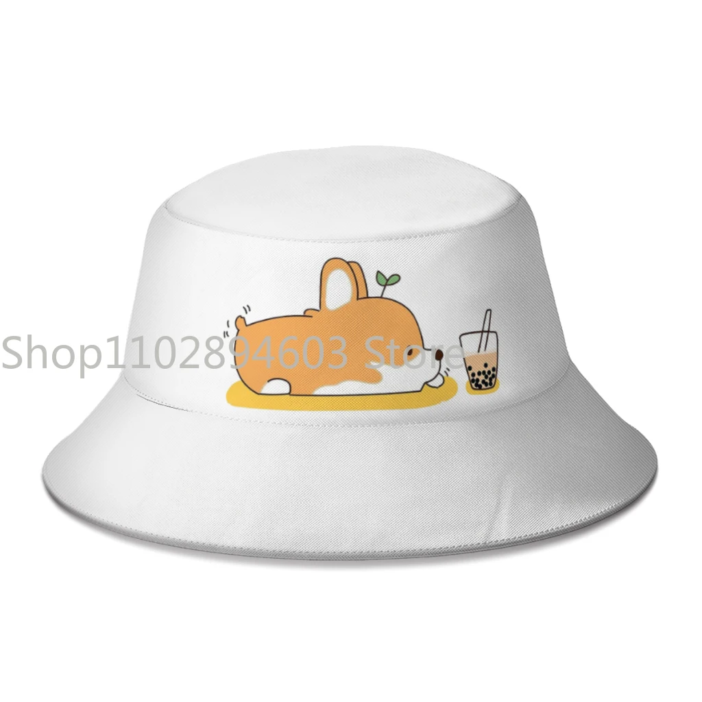 

2024 New Summer Corgi And Bubble Tea Bucket Hat for Women Men Outdoor Foldable Bob Fisherman Hats Girls Boys Sun Cap