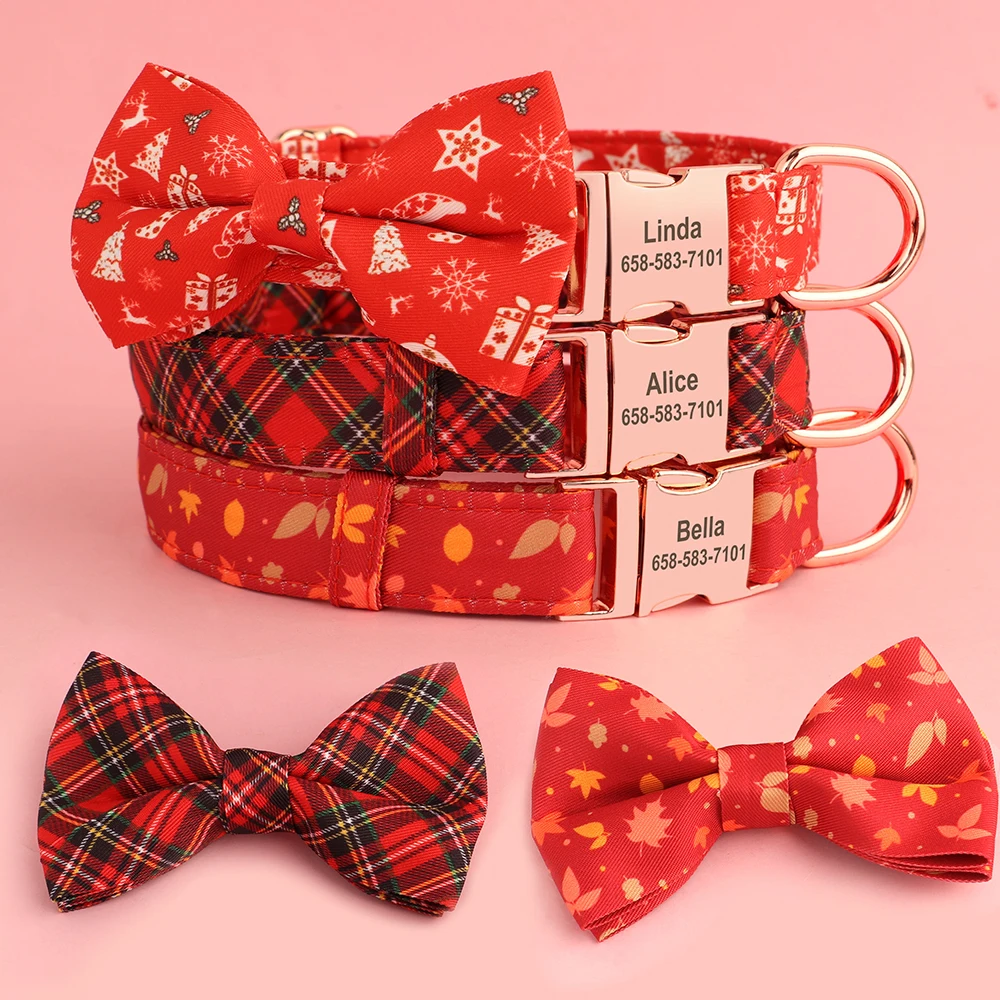 Personalized Christmas Dog Collar Customized Red Plaid Pet Collars With Bowknot Free Engraving ID Name Tag Pet Accessories