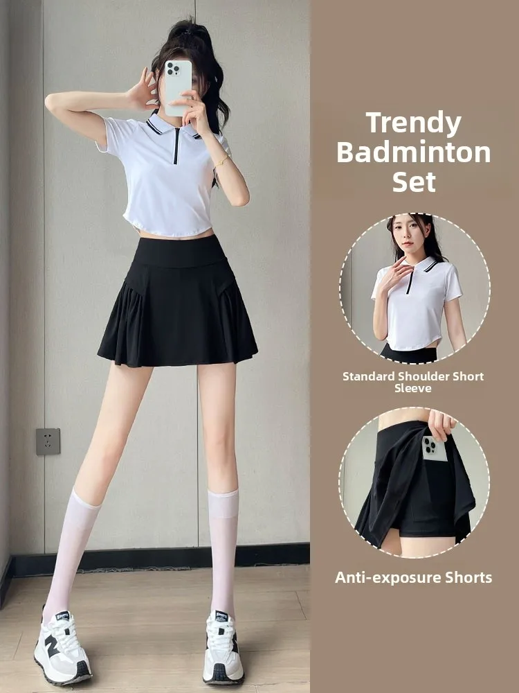 

High-End Badminton Sports Suit Women Summer Fitn ort Sve Running Qui Dry Pleated Skirt Tennis orm Set