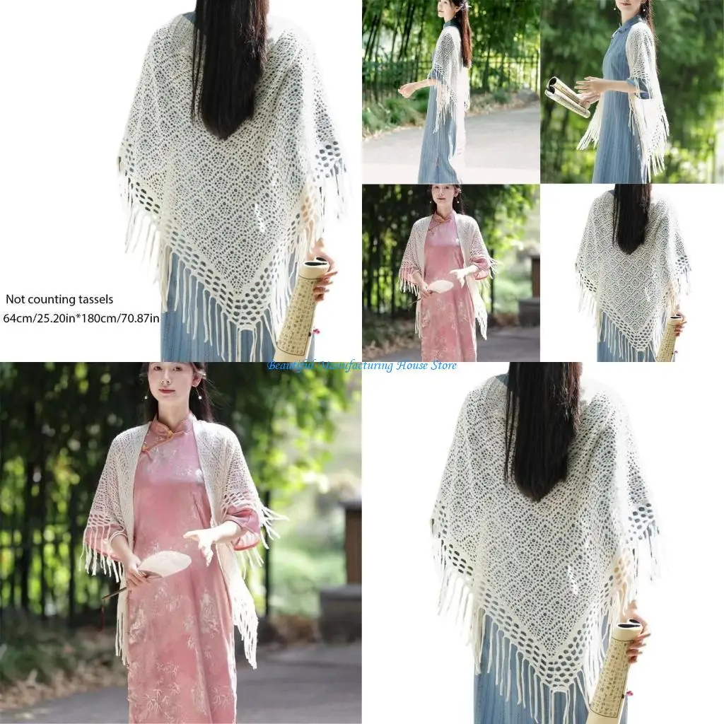 E56A Stylish Women Summer Crochet Shawl Knitted Shoulder Wrap with Tassels For Layering Over Dresses and Casual Daily Wear