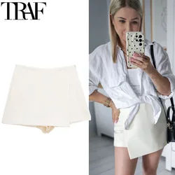 TRAF Black White Skirt Shorts High Waist Wrap Skirt Pants Woman Summer 2024 Asymmetric Casual Slit Skort For Women Khaki Skirt