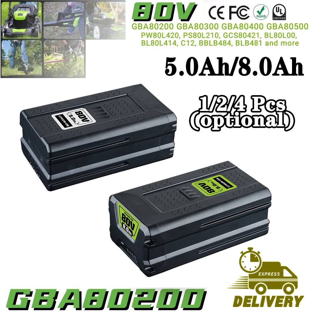 

1/2/4 Pcs 5.0/8.0Ah GBA80200 Replace for Greenworks 80V Li-on Battery Pin GBA80400 GBA80500 Compatible with 80V Max Power Tools