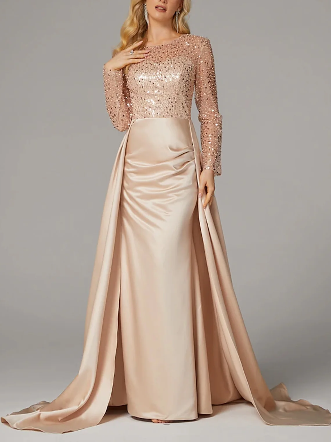 

Elegant Mermaid Trumpet Satin Wedding Dress Jewel Neck Sweep Train Long Sleeves Sequin Mother of Bride Gown 2025 free customize
