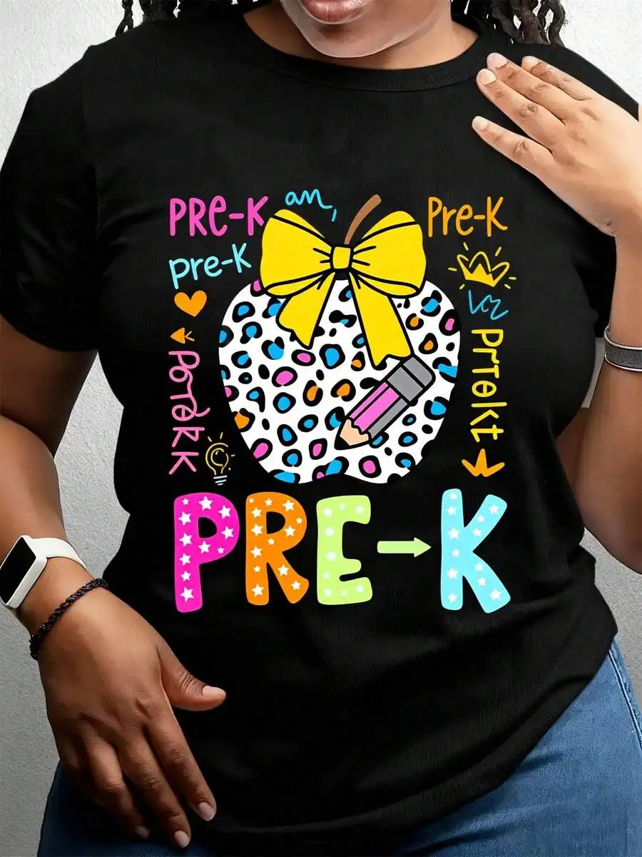 Pre K Teacher Shirt Colorful Leopard Print Apple Design For Preschool Educators And Teachers With Fun Typography And Bow Detail Casual Short Sleeve T Shirt Summer New Arrival Soft Crew Neck Daily Wear