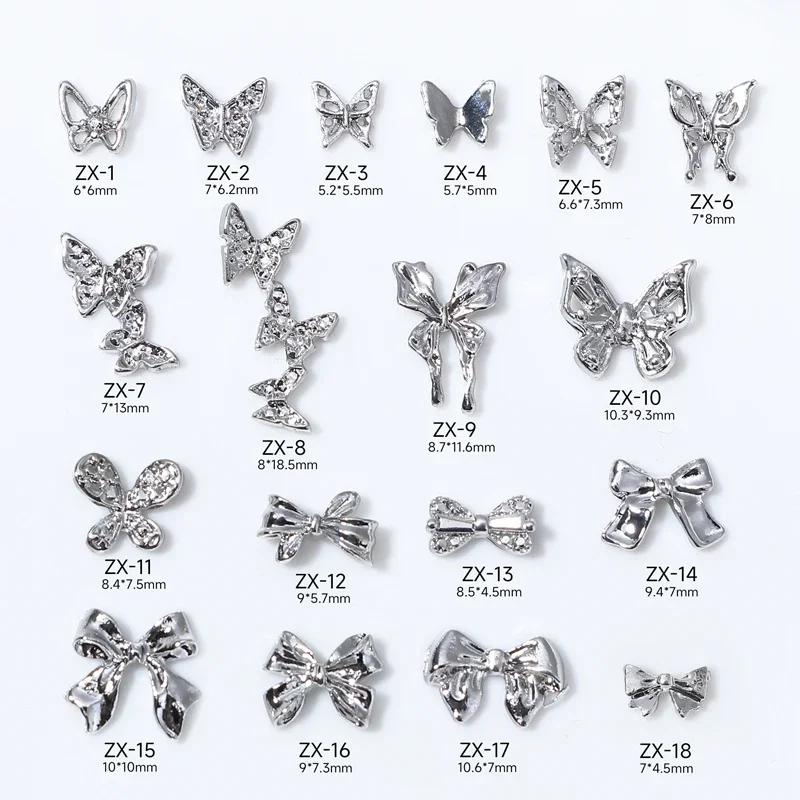 10pcs/bag Silver Metal Bows Nail Art Charm 3D Alloy Accesorios Silver Nail Decoration Parts DIY Punk Manicure Design Butterfly