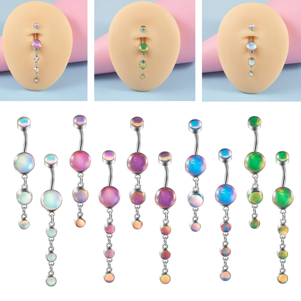 1PC Stainless Steel 14G Internally Threaded Belly Buttom Ring Bent Dangling Shiny Stone Navel Body Piercing Jewelry