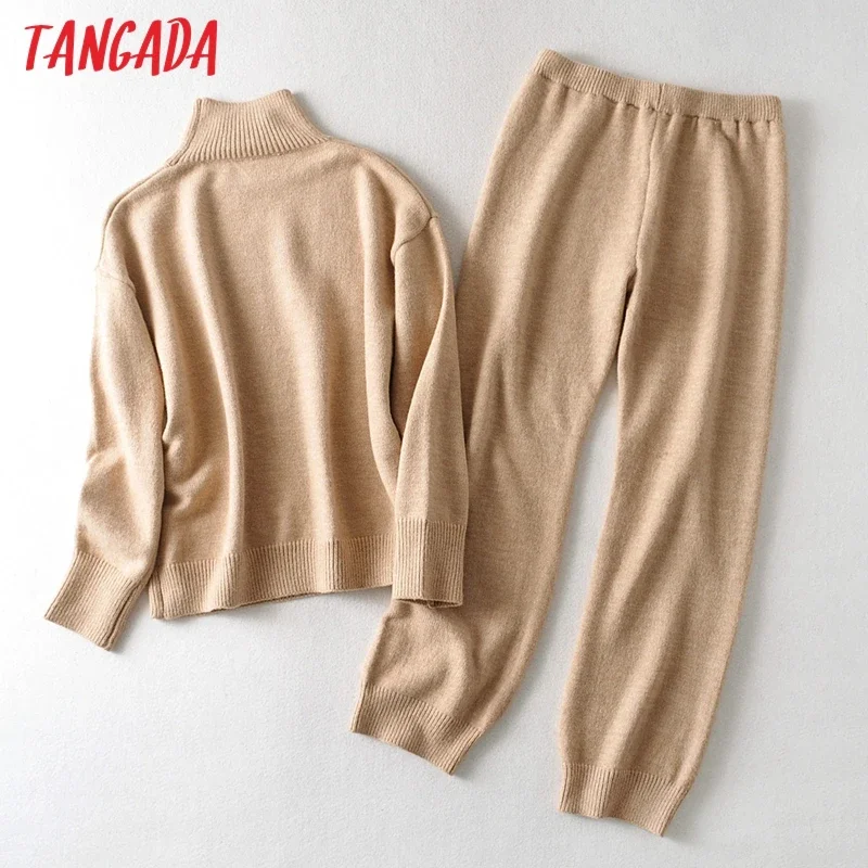 Tangada 2020 Autumn Winter Women thick soft knit suit 2 pieces sets turtleneck pullovers long knitted pants knitted suits AI29