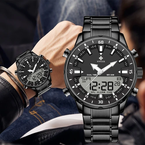 Relojes WWOOR de lujo para Hombre, Reloj deportivo Digital de cuarzo militar de acero resistente al agua para Hombre, Reloj luminoso a la moda para Hombre, Reloj para Hombre
