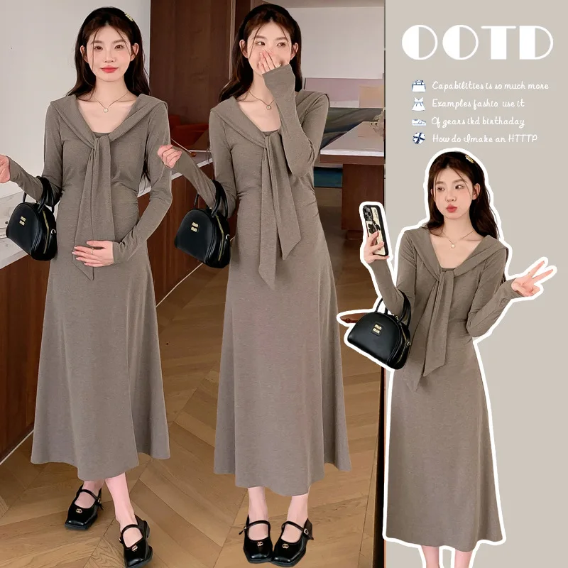 

French Elegance Maternity Dress Autumn New Slim Fit Knit Maxi Dress Pure Aesthetic Base Layer for Stylish Pregnant Women