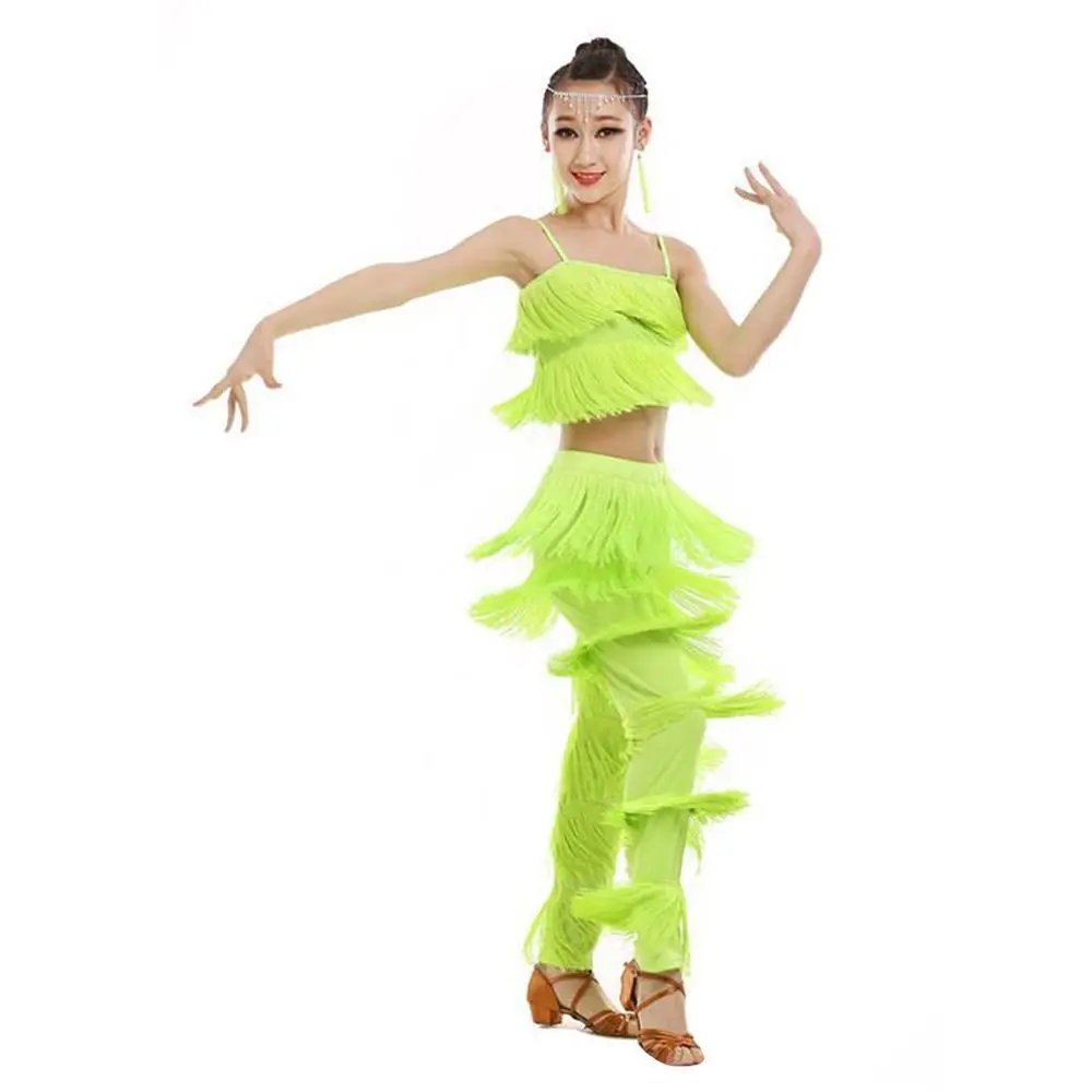 Mode Kwastje Kids Latin Dans Broekpak Broek Cha Cha Ballroom Dans Kostuum Professionele Rumba Samba Kostuum Kinderen Meisjes
