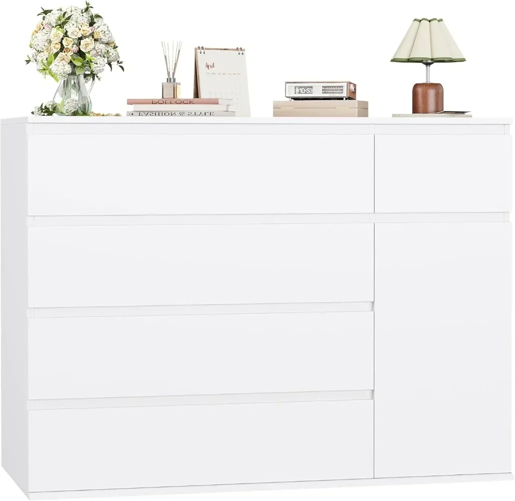 FOTOSOK White Dresser with 19.5'' Deeper Depth, White Chest of Drawers Modern Dresser for TV Stand, Double Dresser