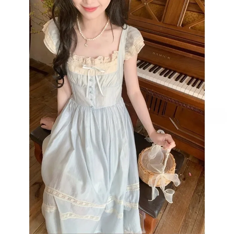 2025 Summer French Retro Style Dress Women Sweet Lace Edge Flutter Sleeve Clothes Bow Blue Long Dresses Elegant Chic Style New
