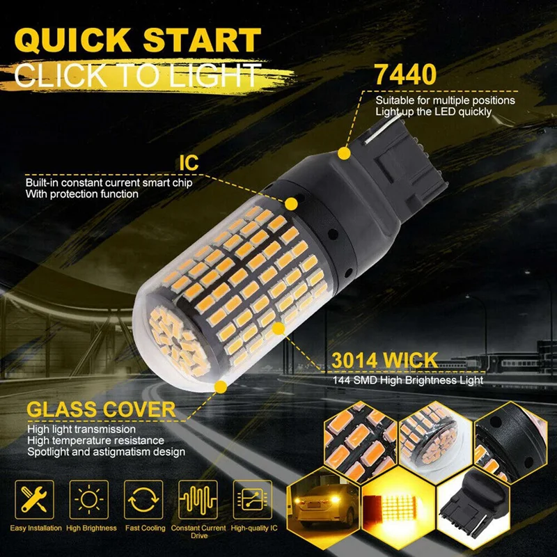 Canbus-Super Brilhante Erro Lâmpada LED Grátis para Reverse Tail Turn Signal Light, âmbar, 4X, 7440, T20, W21W, 144 SMD