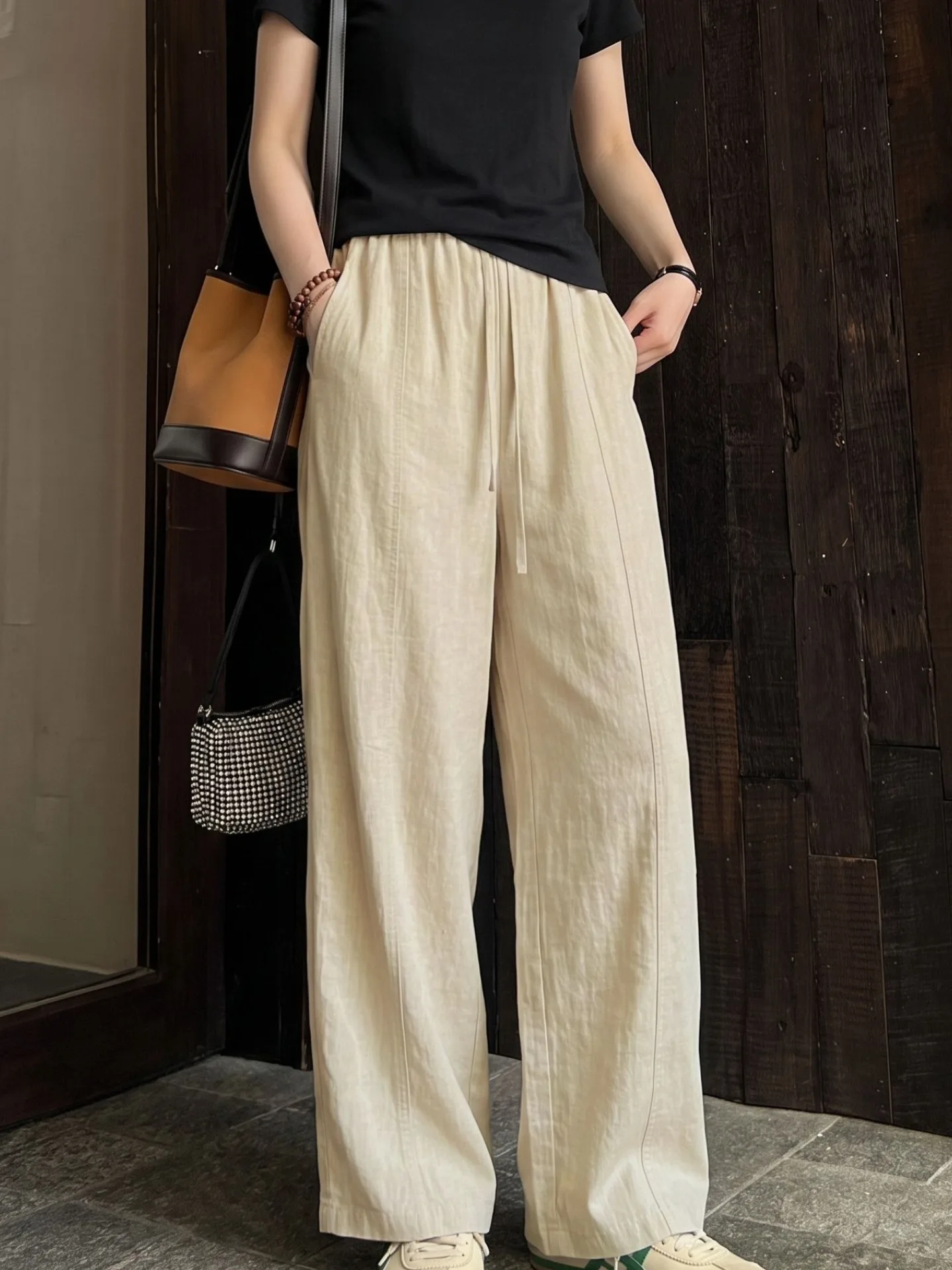 Lightweight Cotton Linen Wide Leg Pants Women Summer New Style Loose Ice Silk Casual Straight Leg Trousers Breathable High Wa...