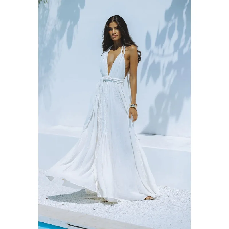 Sexy Summer Women Beach Smock Dress Elegant Y2K Strap V Neck Backless Lace Up Bandage Vacation Holiday Loose Long Dress Sundress