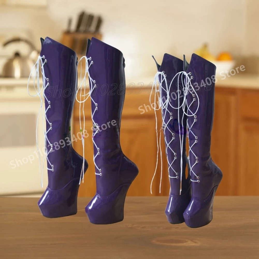 

Purple Shiny Leather Strappy Mid Calf Boots Sexy Strange Style High Heel Fashion Women Shoes 2025 Spring Zapatos Para Mujere