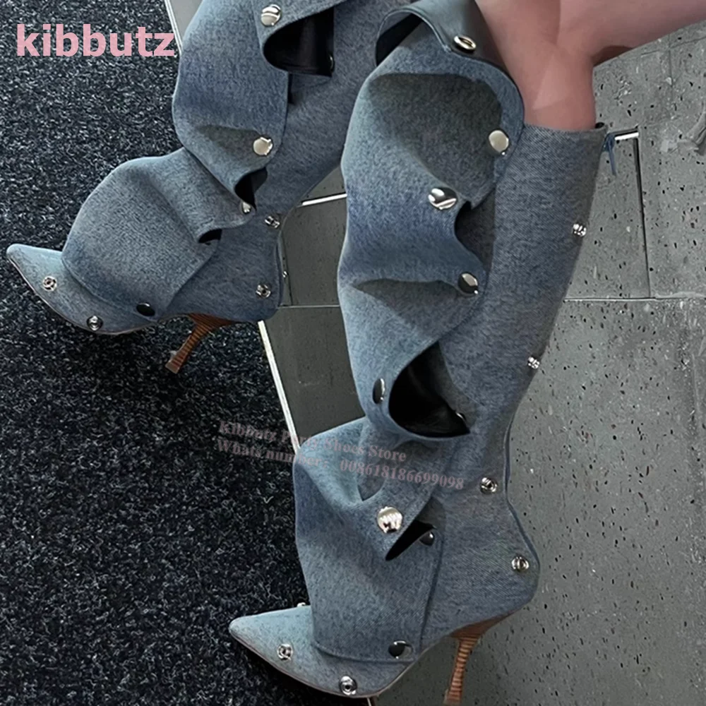 Rivet Pleated Boots Knee-High Suede Turned-Over Edge Pointed Toe Thin Heel Back Zippers Fashion Sexy Luxury Women Shoes Newest