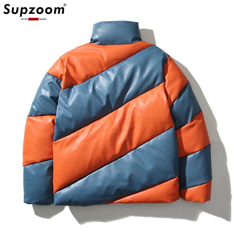 Supzoom New Arrival Top Fashion Spiral Color Matching Imitation Leather Warm Design Bread Patchwork Winter Casual Jacket Men