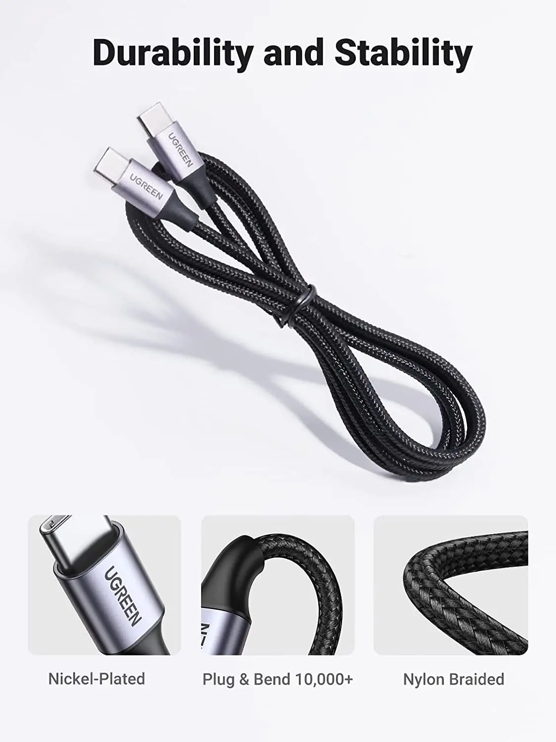 UGREEN 60W USB C Cable 3A Type C Fast Charge Data Transfer up to 480Mbps Nylon Braided Cable