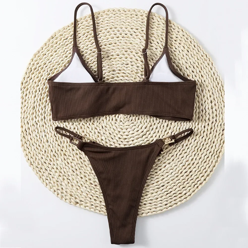 Sexy Brown Ribbed Swimwear Women Micro Thong Bikinis Set Women Metal Ring Swimsuits String Bathing Suit Bikini Bathers Biquinis