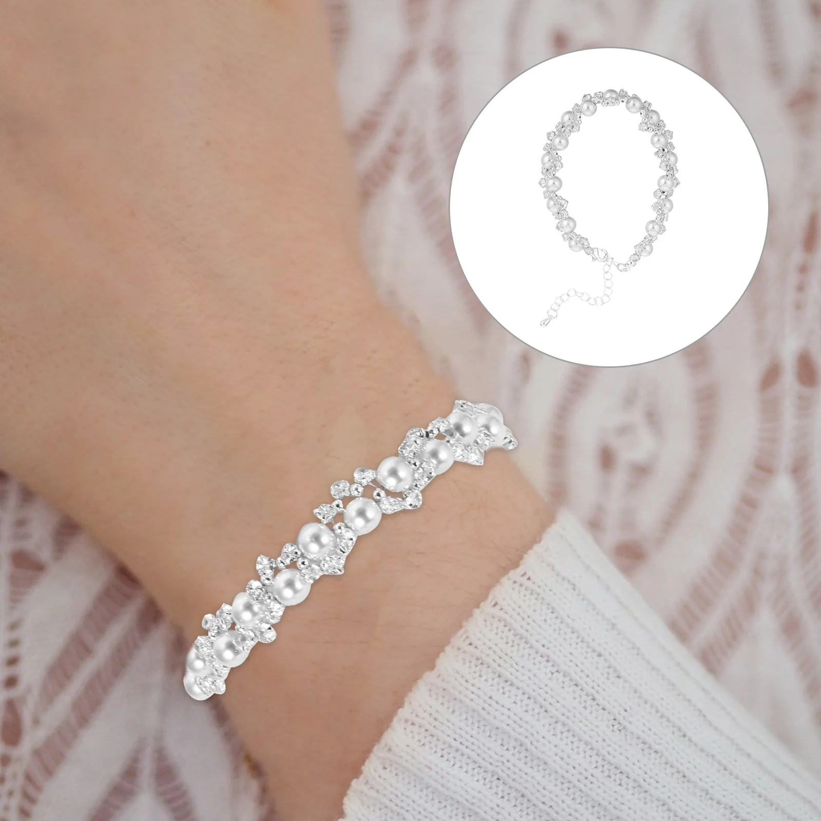 

Pearl Bracelet Sparkling Zircon Luxury Vintage Style Rhinestone Charm Wristband Ladies Jewelry for Formal Events Daily Wear