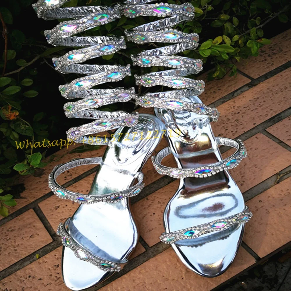 Silver Crystal Strappy Heels Sandals Women Summer Shiny Puttee High Sandals Sexy Women Party Cross Strap Open Toe Wedding Shoes