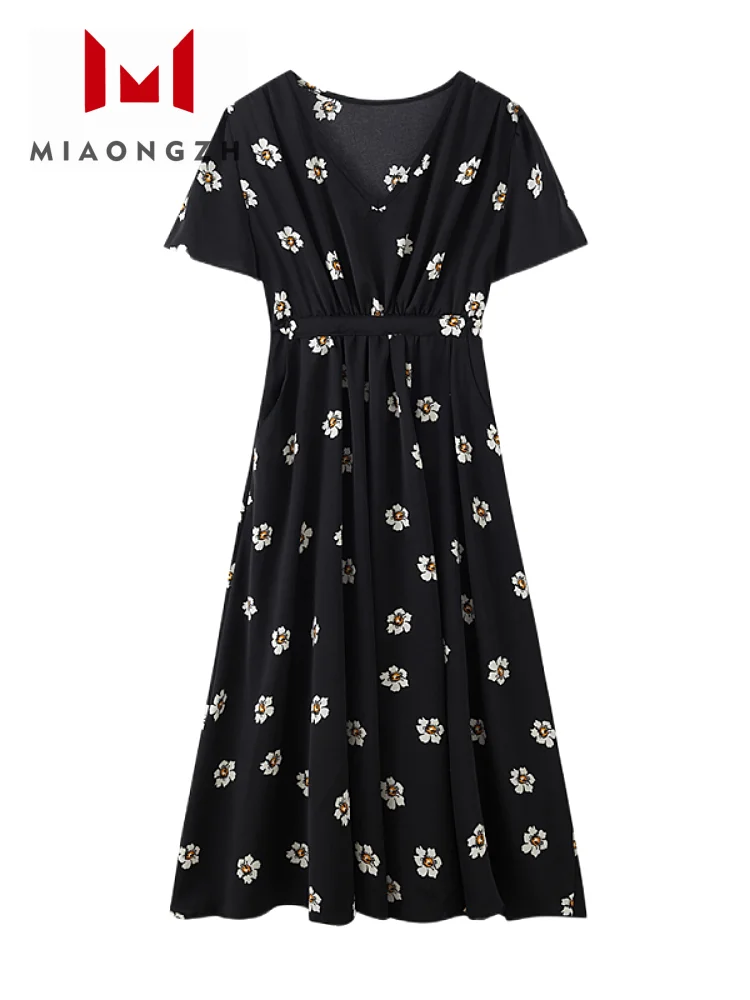 

Summer New Woman Clothing Print Dresses Floral Pockets V Neck Short Sleeve Elegant Black Casual Dress Slim Female Korean 2023