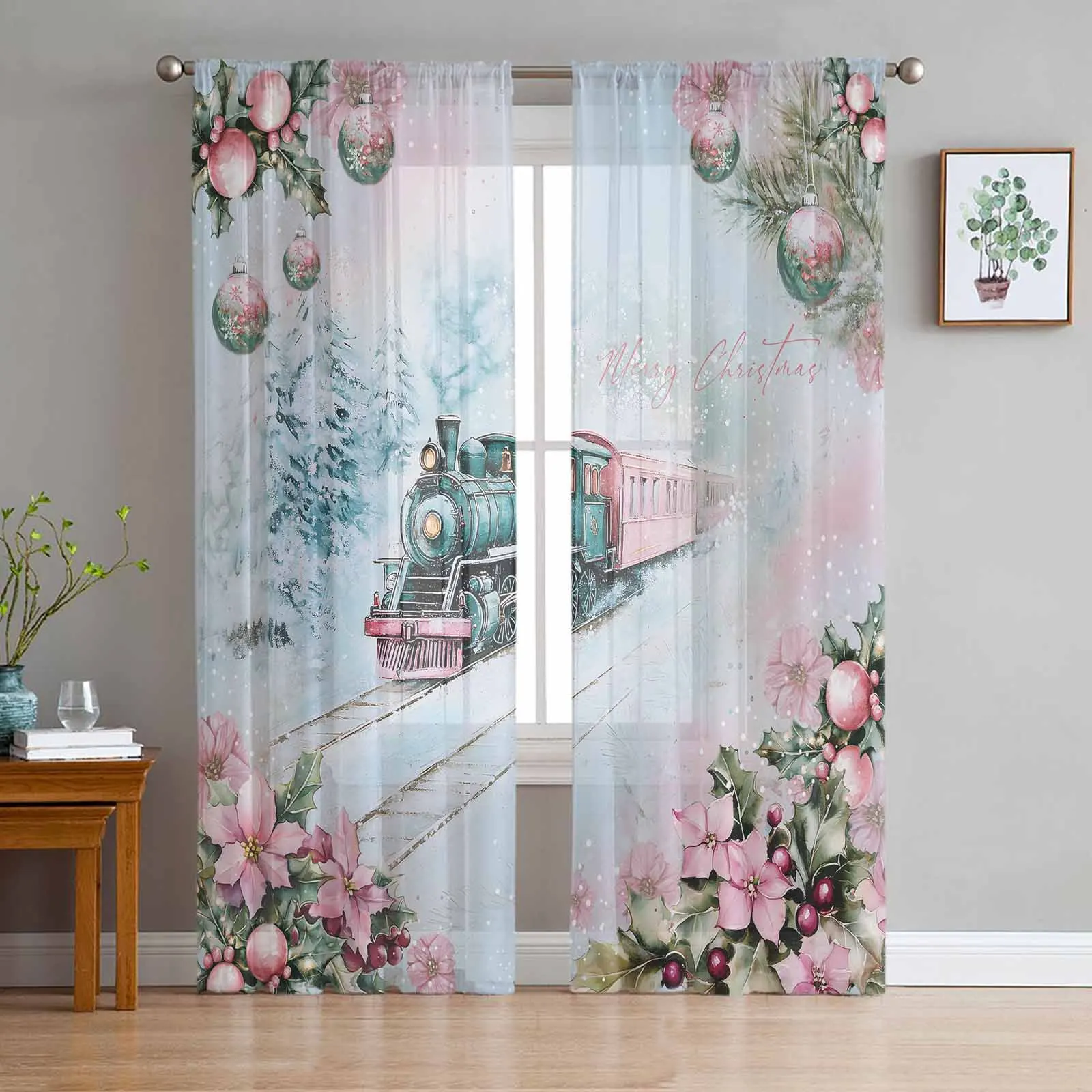 

Christmas Train Forest Snow Flowers Lights Tulle Curtains for Living Room Decor Modern Chiffon Sheer Voile Christmas Curtains