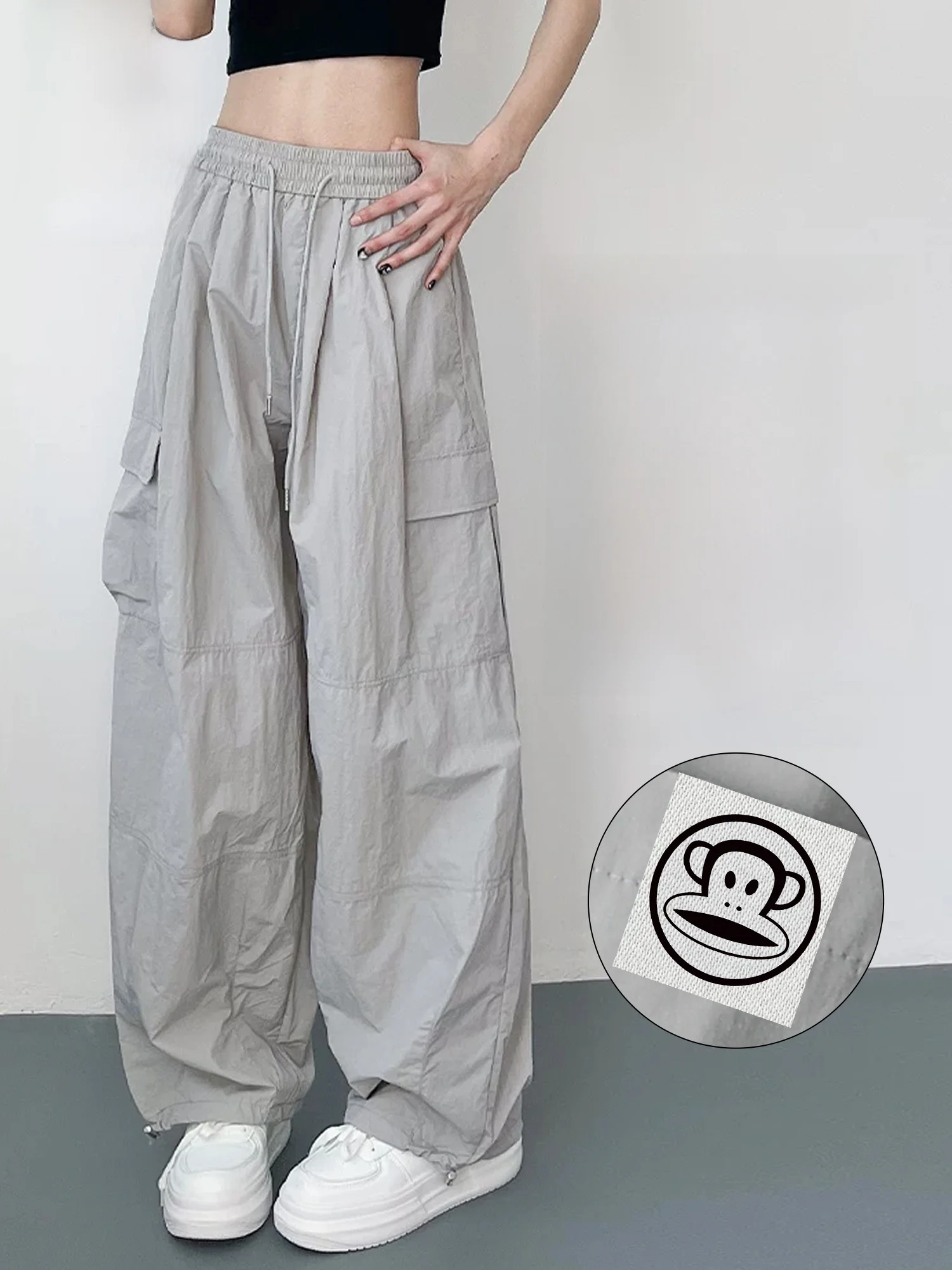 

PaulFrank Ultra-Thin Ice Silk Casual Pants Men's Summer Trendy Brand ey Wide Leg Workwear Straight Tube Elastic Waist