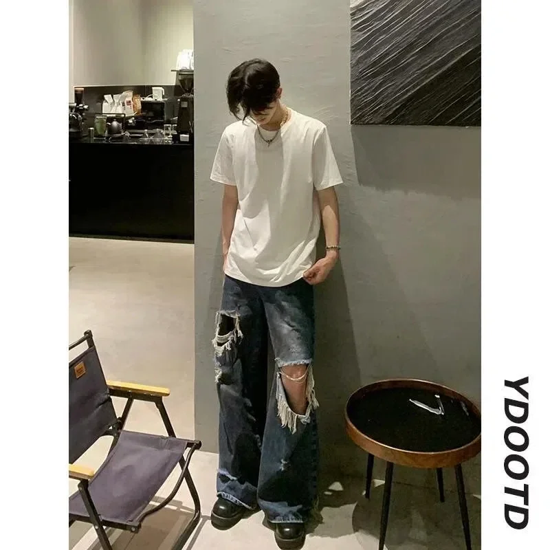 

Fashion Brand Old Ripped Design Floor Jeans Niche High Street Loose Versatile Wide-leg Pants Men Clothing Purple Jeans for Man