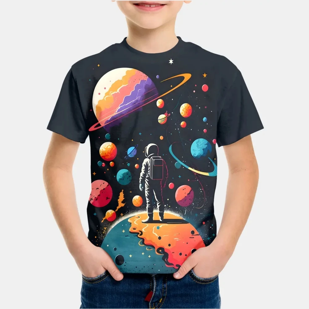 2025 Kids Clothes Summer Cartoon Astronaut Round Neck Short Sleeve Graphic T Shirts Fun Children's Clothing T-Shirt for a Boy