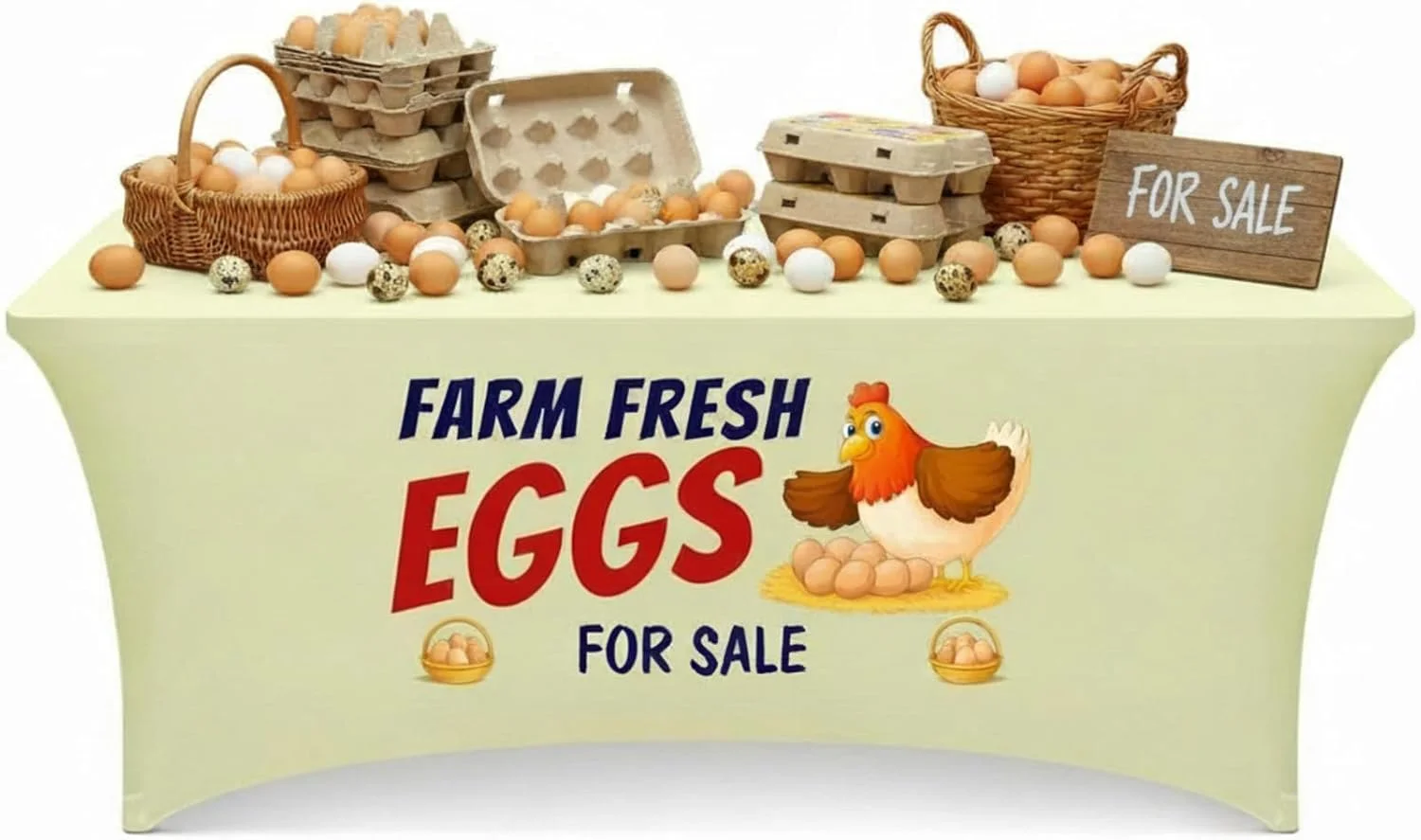 

Farm Fresh EggsTablecloth Stretch Spandex Table Cloth Cover Rectangle Table Decor for Farmers Market Chicken Coop Small Business