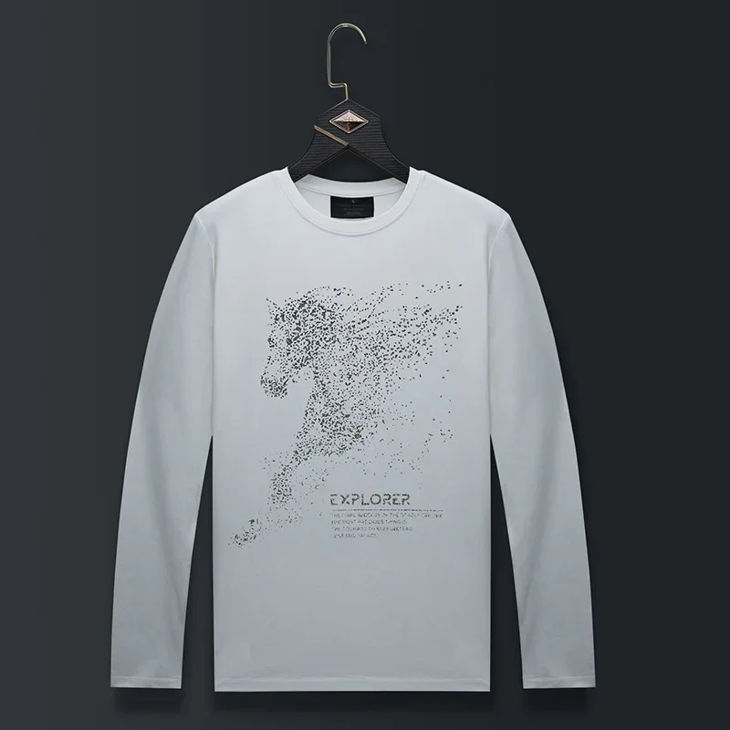 Plus Size O Neck Long Sleeve T Shirts Men Fashion Streetwear Horse Pattern Rhinestones Modal Cotton Slim Tshirts Mens Clothing