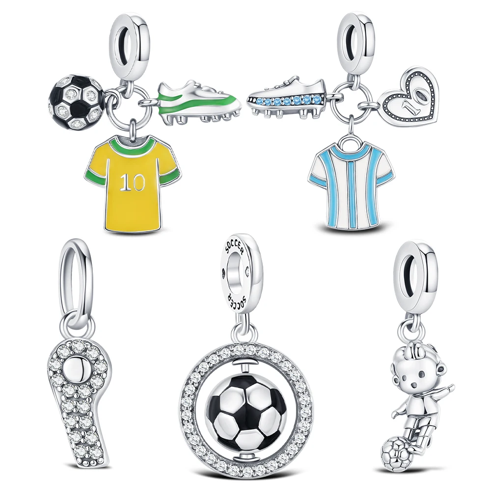925 كرة القدم الفضية سحر الرياضة البرازيل الأرجنتين نجم كرة القدم رقم. 10 خرز جيرسي مناسب للسوار الأصلي هدية مجوهرات DIY
