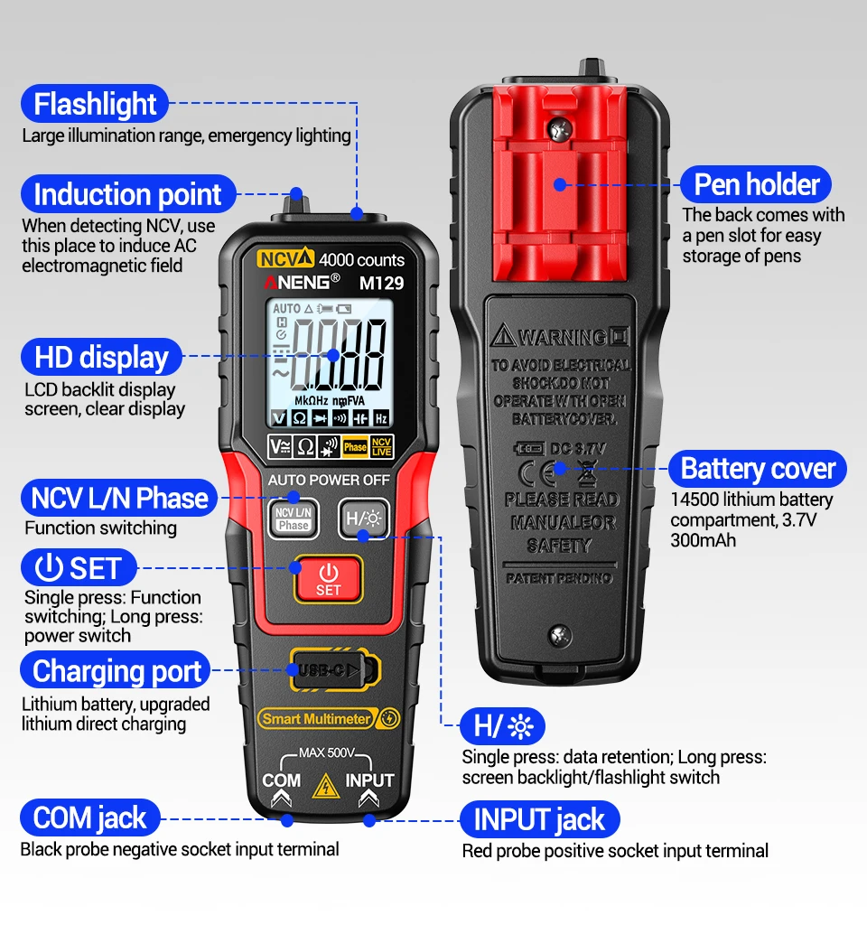 ANENG M129 Wiederaufladbares Digitales Multimeter 4000 Anzeigen NCV AC DC Spannungs- und Widerstandsmessgerät mit Taschenlampe und Auto-Range-Funktion – Detail 12