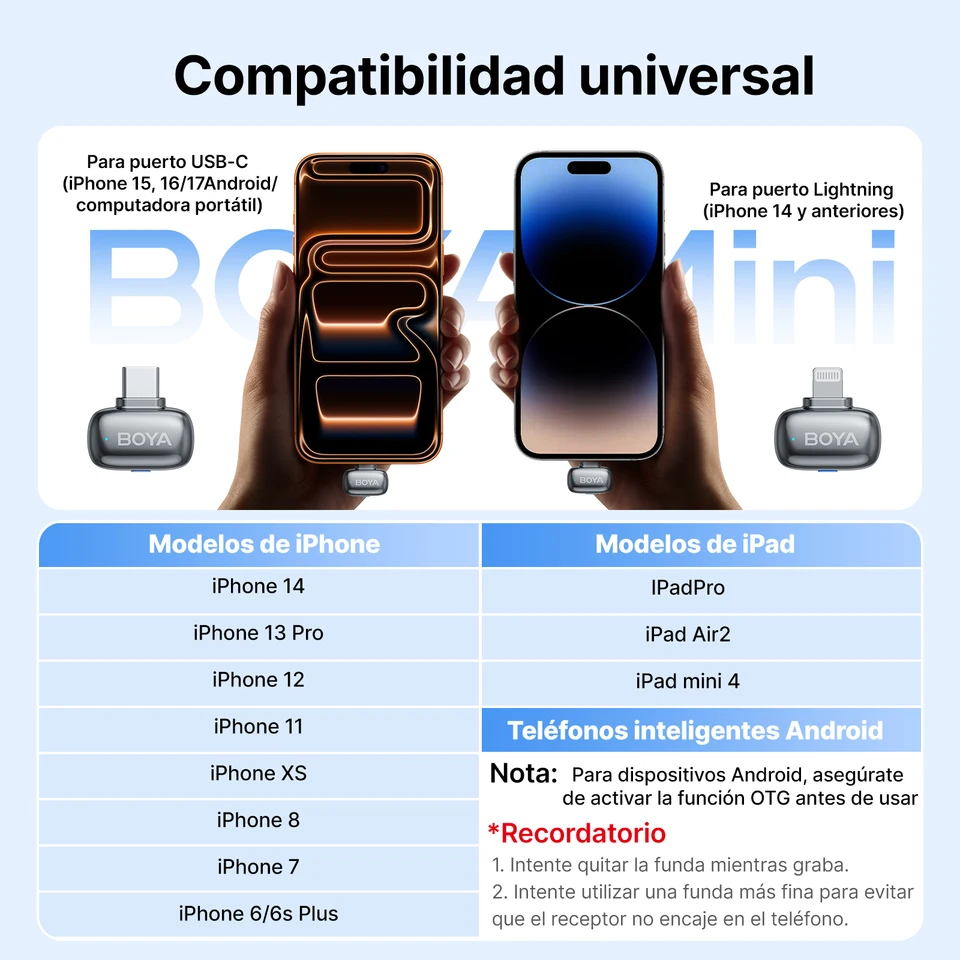 Micrófono de solapa inalámbrico BOYA Mini 2 para Type-C iPhone sin estuche, cancelación de ruido IA para vlogging, transmisión en vivo, entrevistas, grabación 5