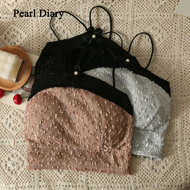 Pearl Diary Women Sexy Neck-Mounted Vest Summer Design Sense Flower Short Bottoming Tops Fashion All-Match Streetwear Sleeveless