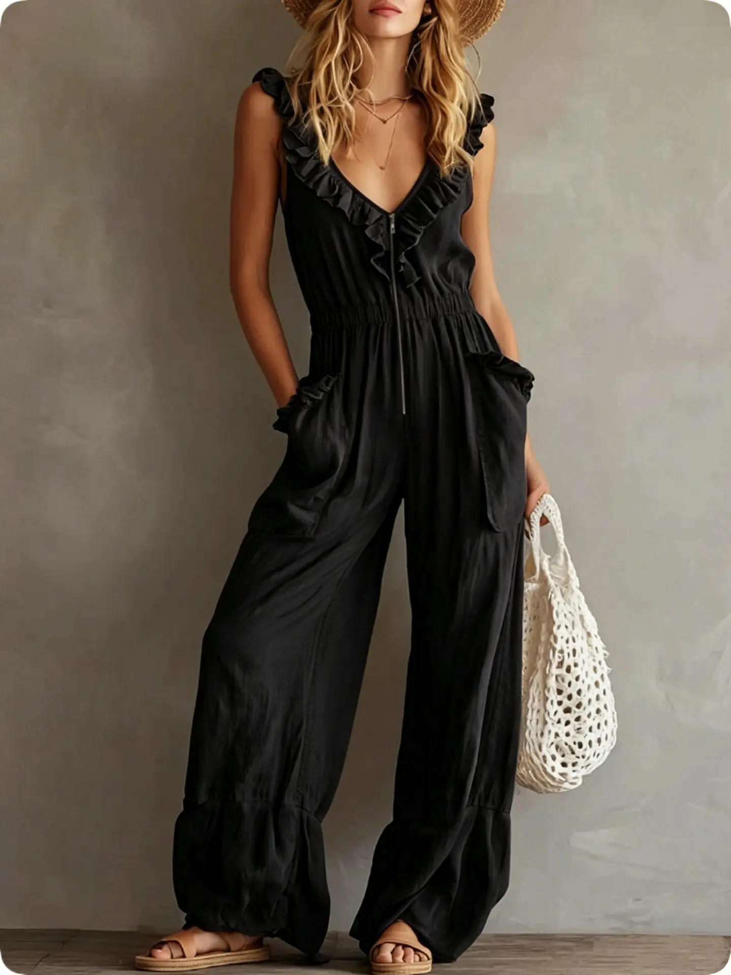 Sexy Ruffle Trim V Neck Zip Wide Leg Jumpsuit Elegant High Waist Woman Romper 2026 Summer Casual Sleeveless Vacation Overalls