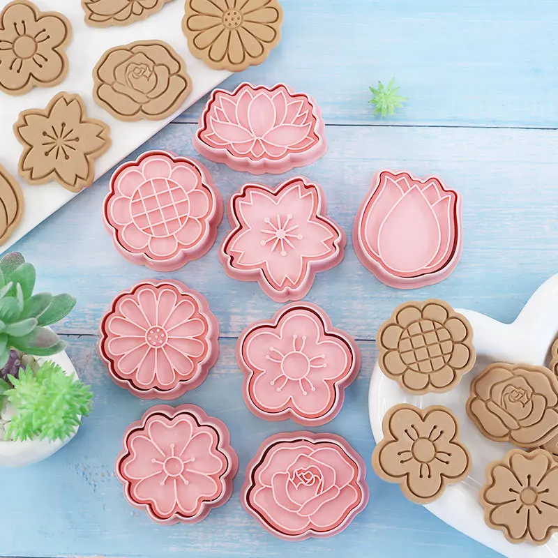 Flowers Cookie Cutters With Plunger Stampers Set,8 Pieces 3D Flowers Embossing Cutters For Biscuit Fondant Cheese Baking Tools