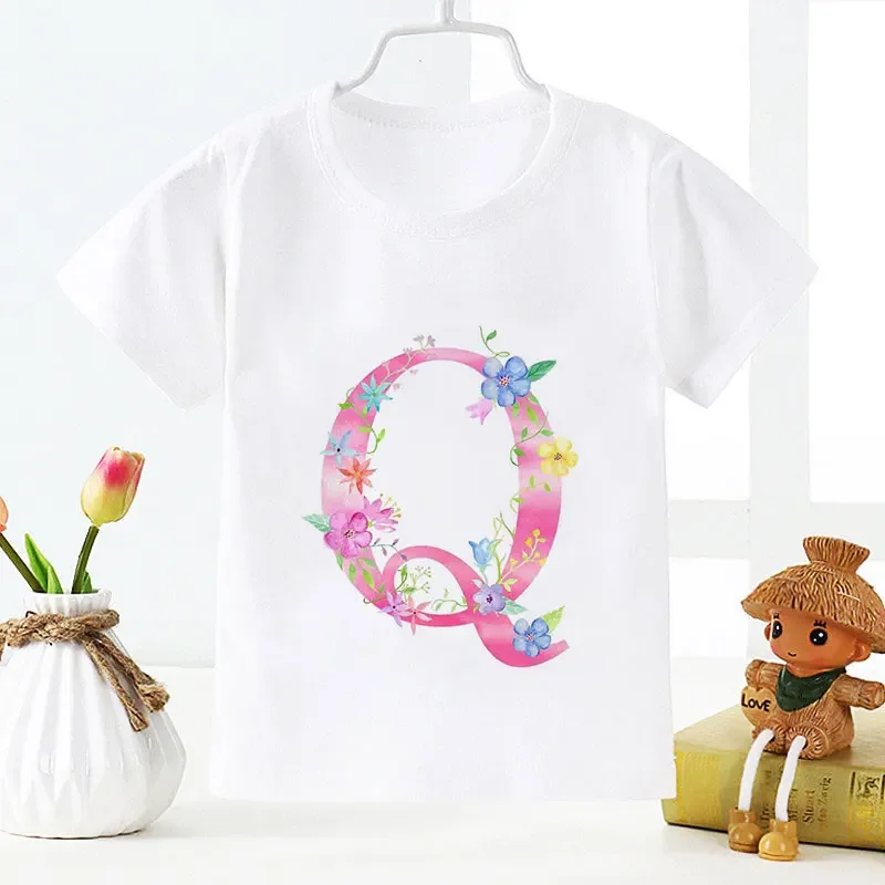 Novelty Boys Clothes Unisex T Shirt Girl Cartoon Pink Flower Letters Important Names Painted Girls Tops Fashion Toddler Tshirt