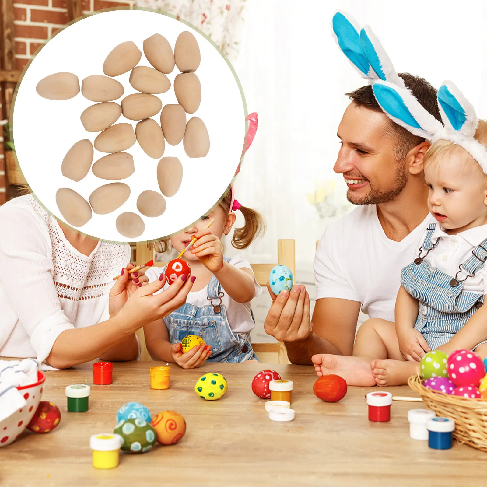 20Pcs DIY Hand Painted Wooden Eggs Flat Bottom Unfinished Wood Easter Craft Supplies Kids Painting Easter Decoration Artificial